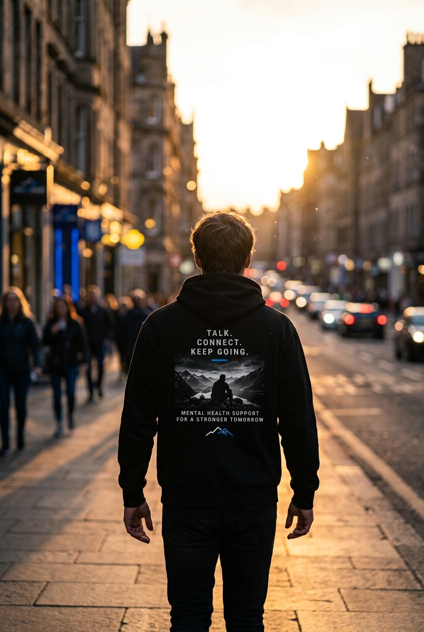 Back print of the hoodie: Talk. Connect. Keep going.