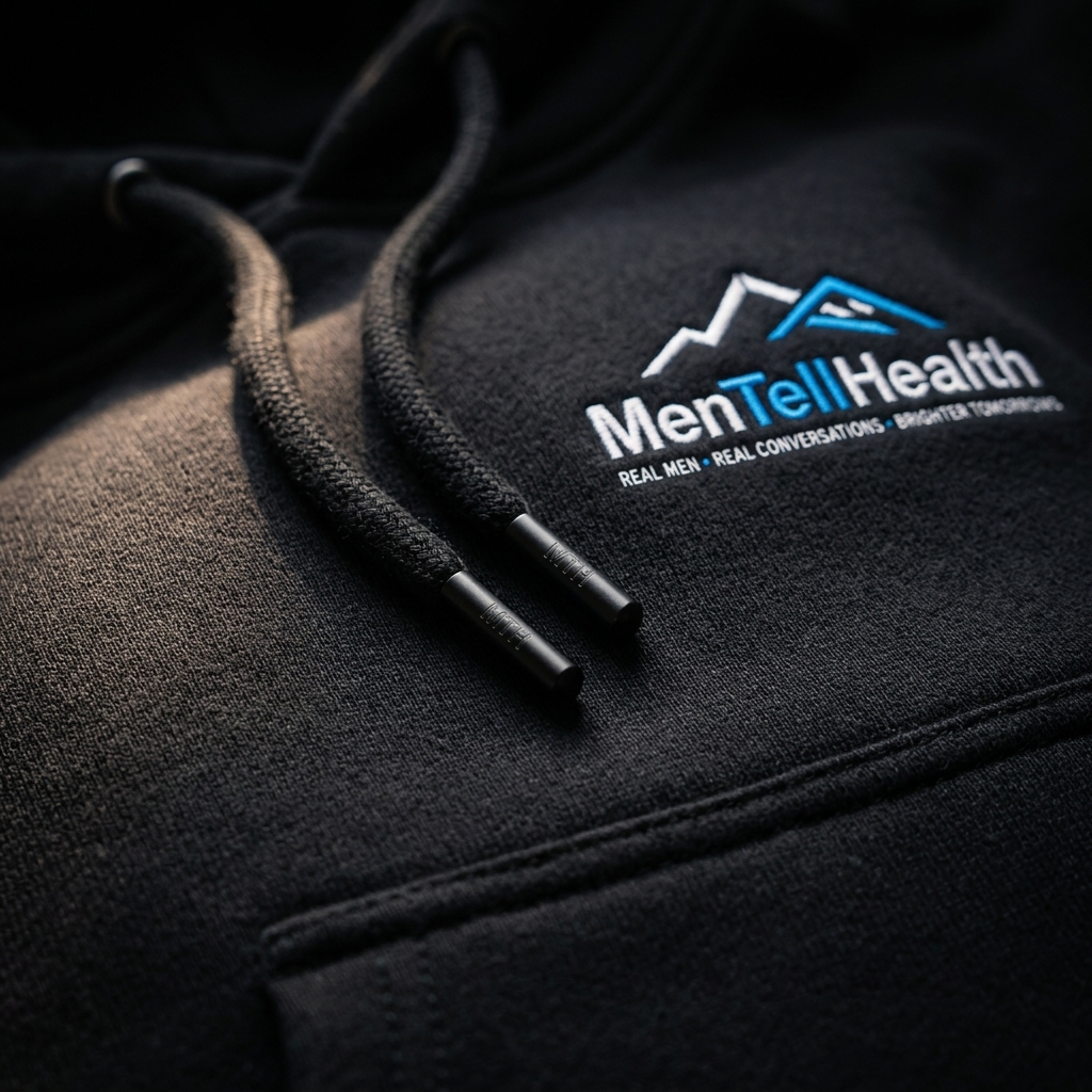 Close-up of hoodie drawstrings and logo