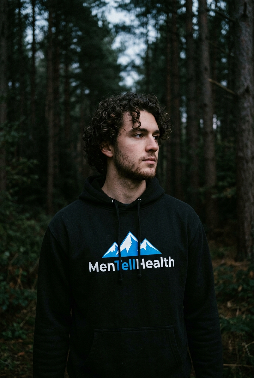 Model wearing the black MenTellHealth hoodie in a forest